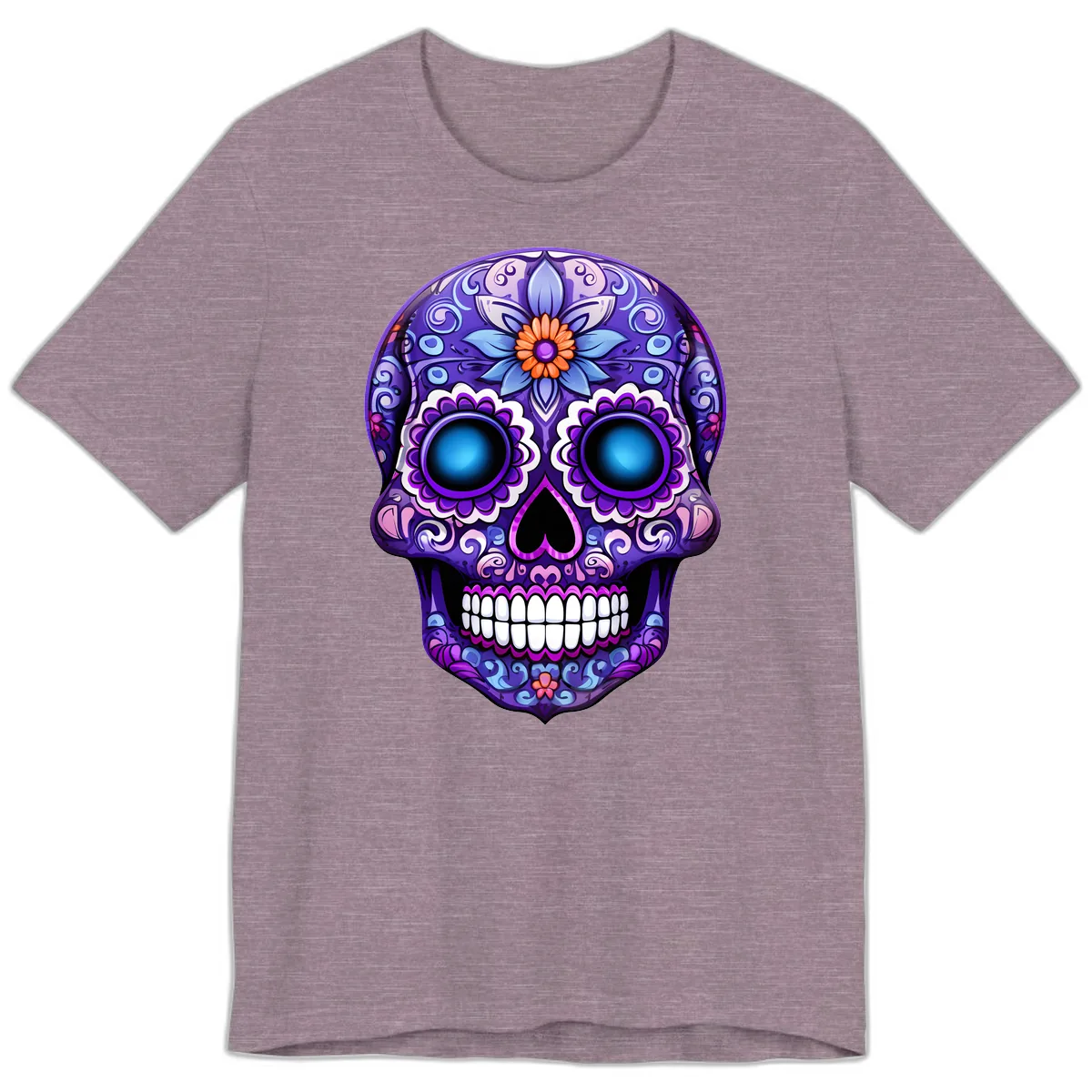 Vibrant Purple Calavera Skull with Glowing Eyes Premium T-Shirt in Heather Purple