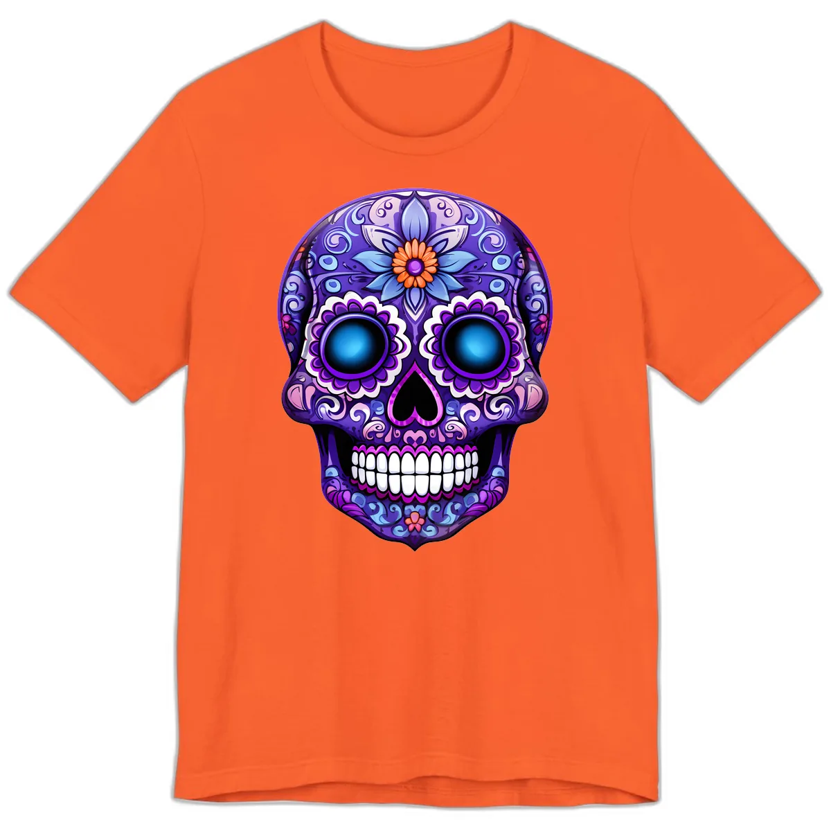 Vibrant Purple Calavera Skull with Glowing Eyes Premium T-Shirt in Orange