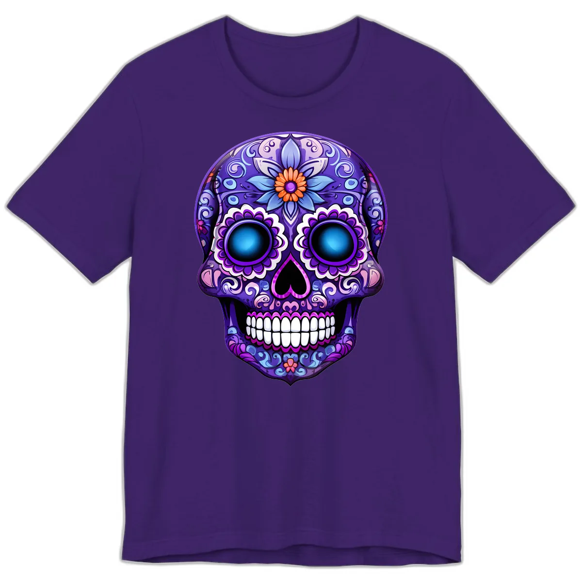 Vibrant Purple Calavera Skull with Glowing Eyes Premium T-Shirt in Team Purple