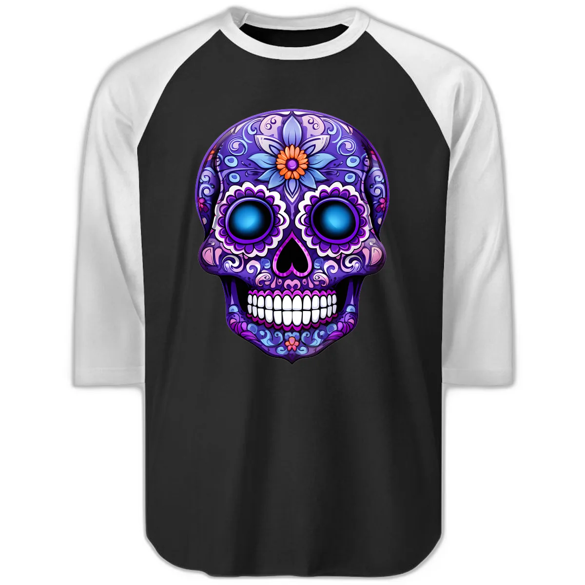 Vibrant Purple Calavera Skull with Glowing Eyes Raglan 3/4 in Black White