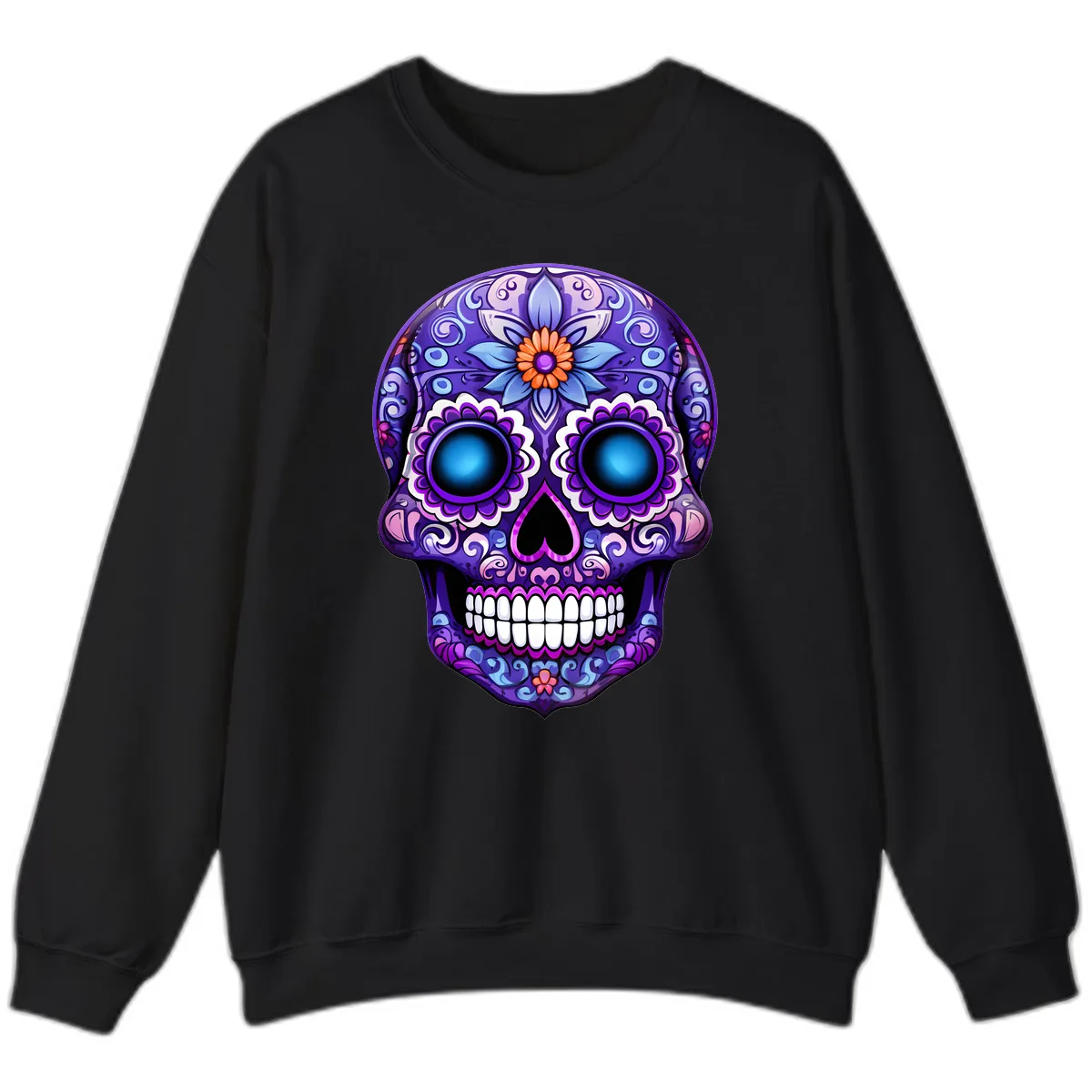 Vibrant Purple Calavera Skull with Glowing Eyes Sweatshirt in Black
