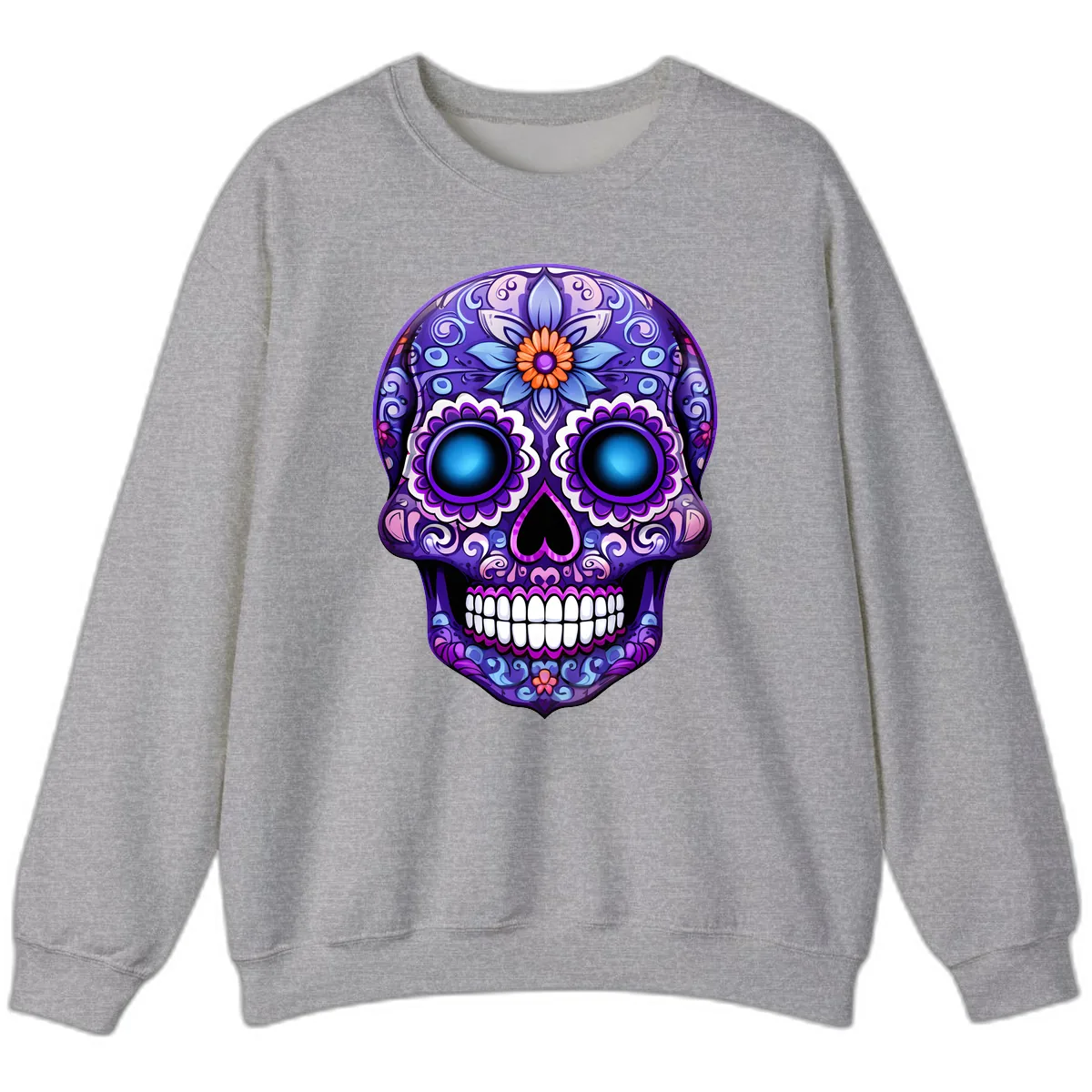 Vibrant Purple Calavera Skull with Glowing Eyes Sweatshirt in Sport Grey