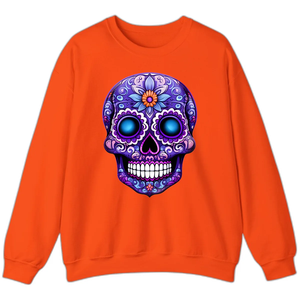Vibrant Purple Calavera Skull with Glowing Eyes Sweatshirt in Orange