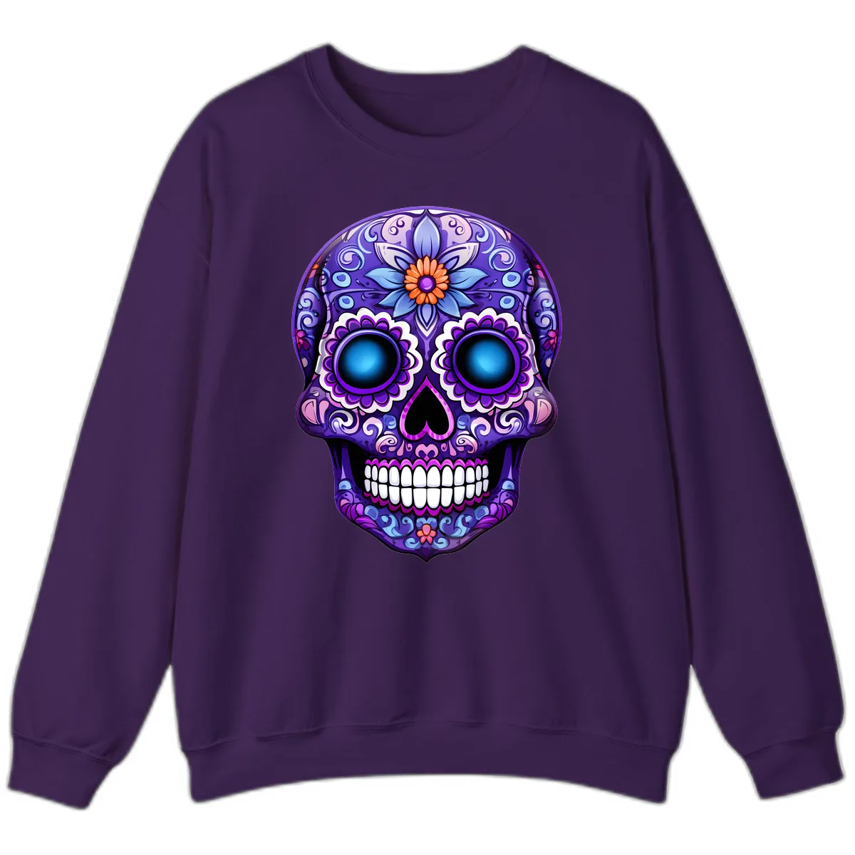 Vibrant Purple Calavera Skull with Glowing Eyes Sweatshirt in Purple