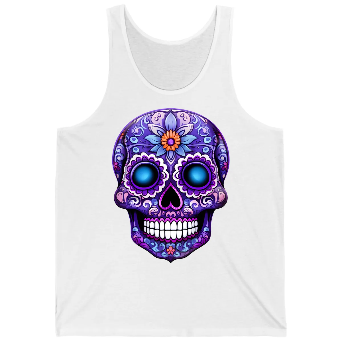 Vibrant Purple Calavera Skull with Glowing Eyes Tank in White