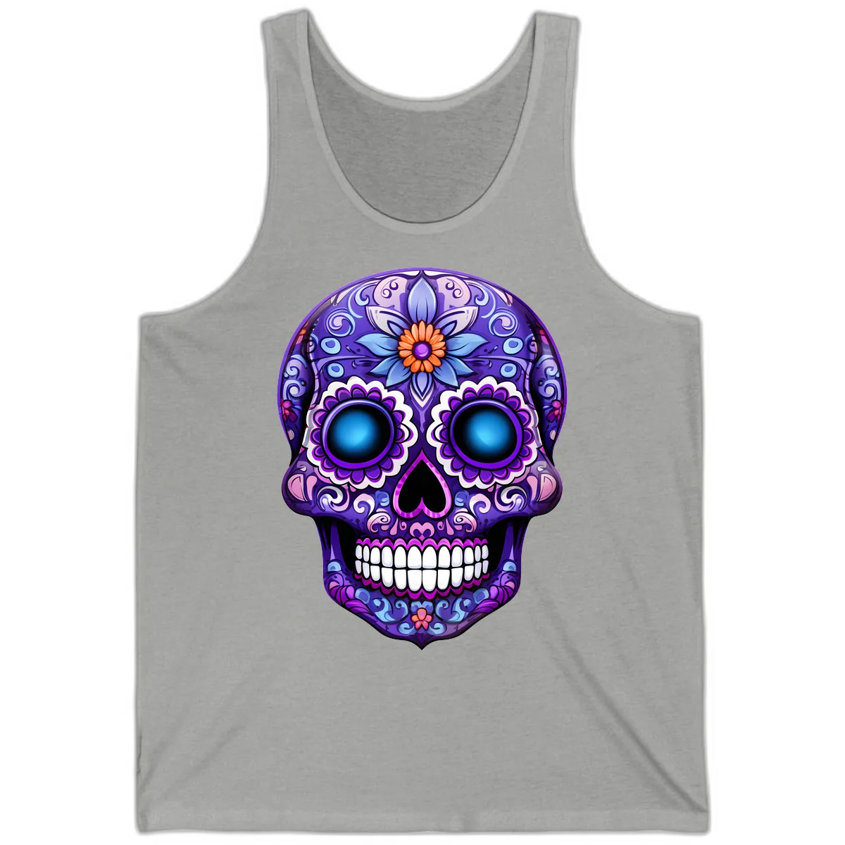 Vibrant Purple Calavera Skull with Glowing Eyes Tank in Athletic Heather