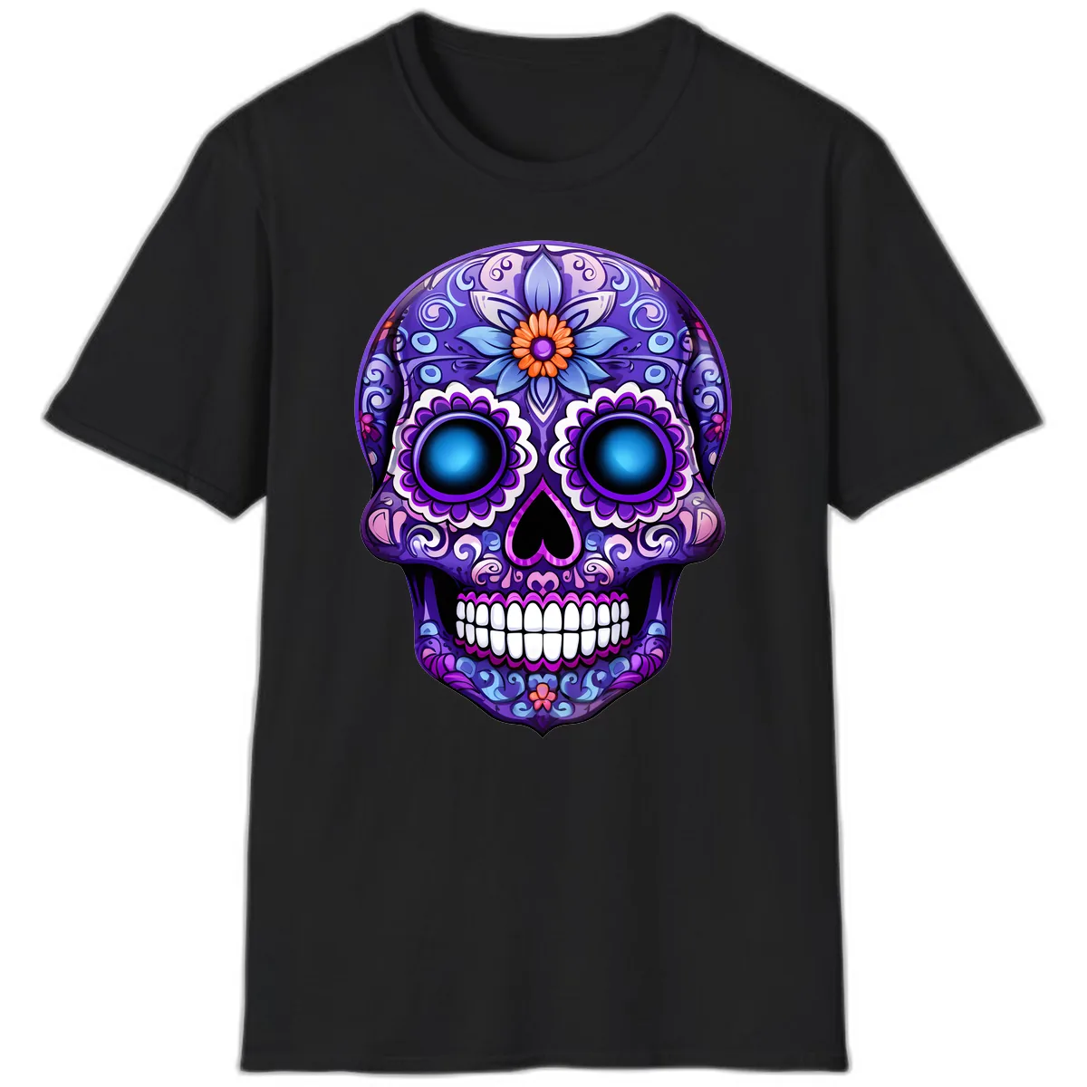 Vibrant Purple Calavera Skull with Glowing Eyes T-Shirt in Black