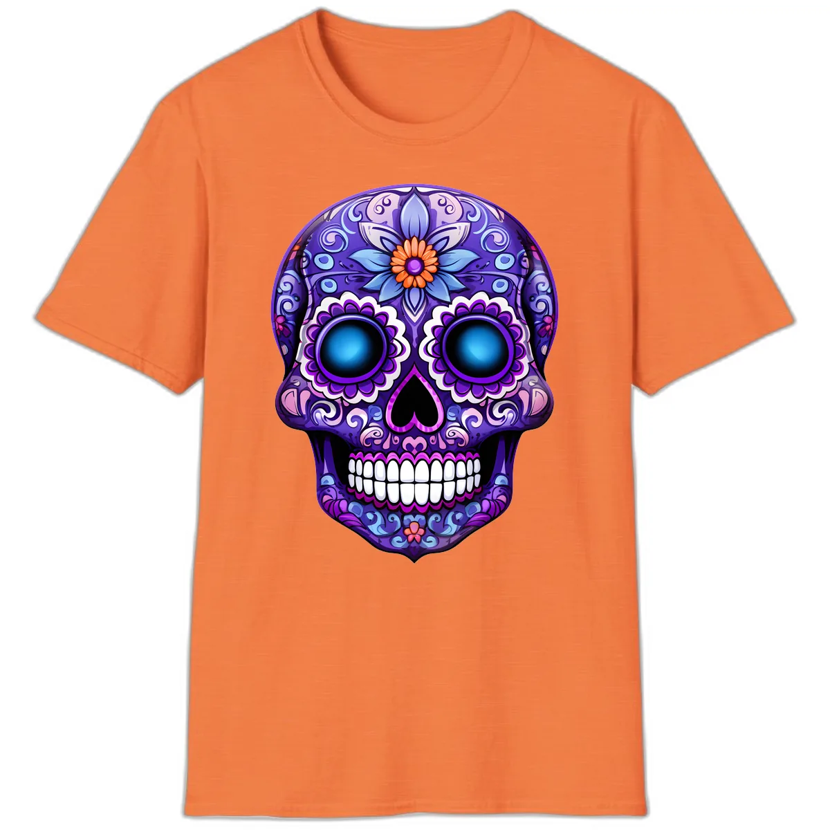 Vibrant Purple Calavera Skull with Glowing Eyes T-Shirt in Heather Orange