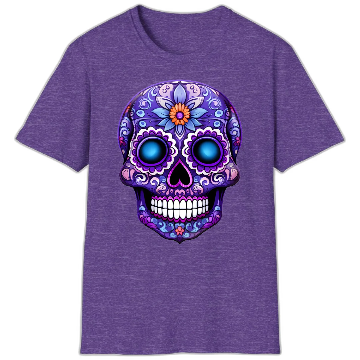 Vibrant Purple Calavera Skull with Glowing Eyes T-Shirt in Heather Purple