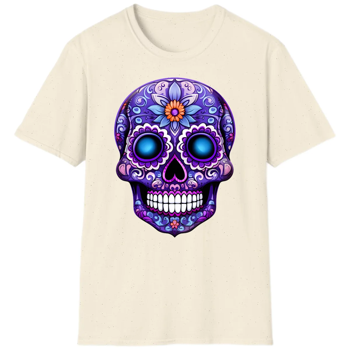 Vibrant Purple Calavera Skull with Glowing Eyes T-Shirt in Natural