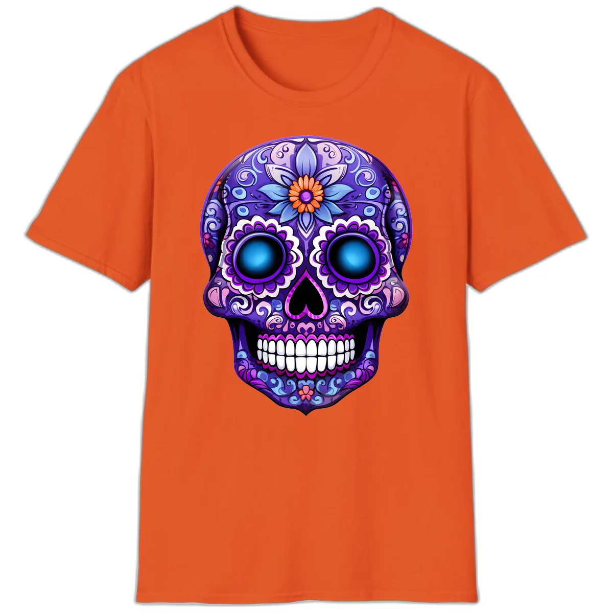 Vibrant Purple Calavera Skull with Glowing Eyes T-Shirt in Orange