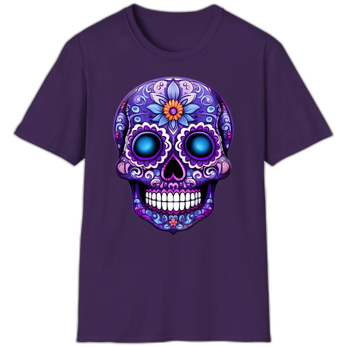 Vibrant Purple Calavera Skull with Glowing Eyes T-Shirt in Purple