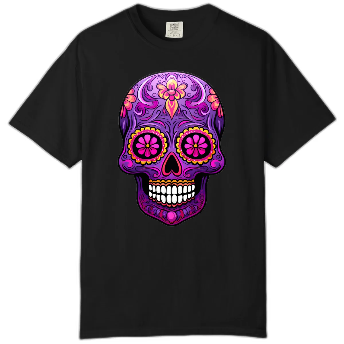 Vibrant Floral Swirls Calavera Sugar Skull Comfort Color in Black