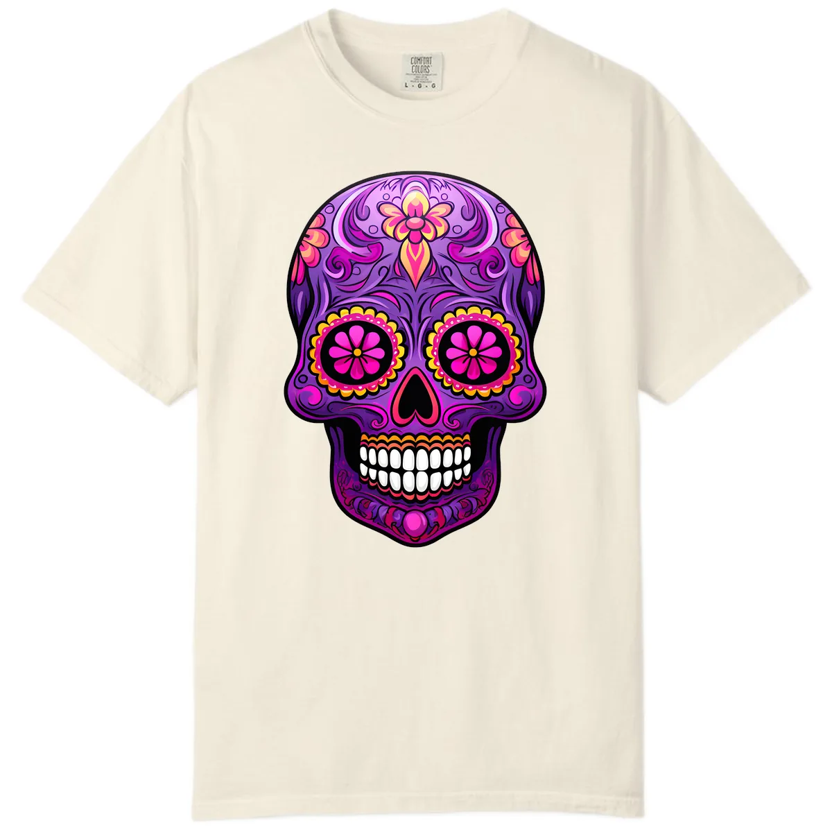 Vibrant Floral Swirls Calavera Sugar Skull Comfort Color in Ivory
