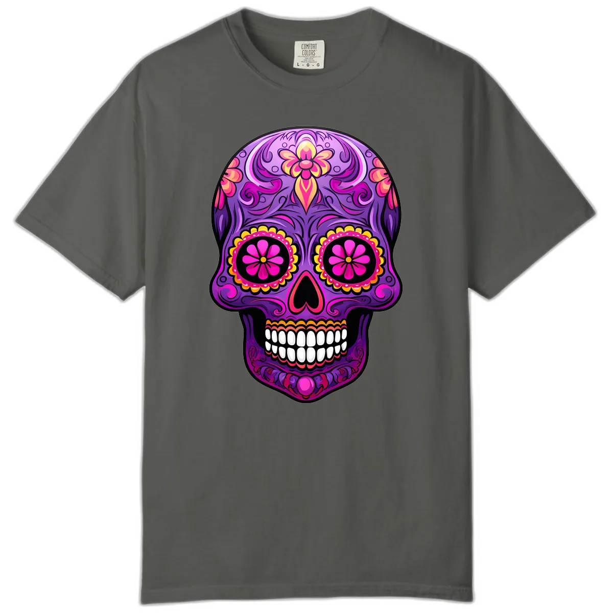 Vibrant Floral Swirls Calavera Sugar Skull Comfort Color in Pepper