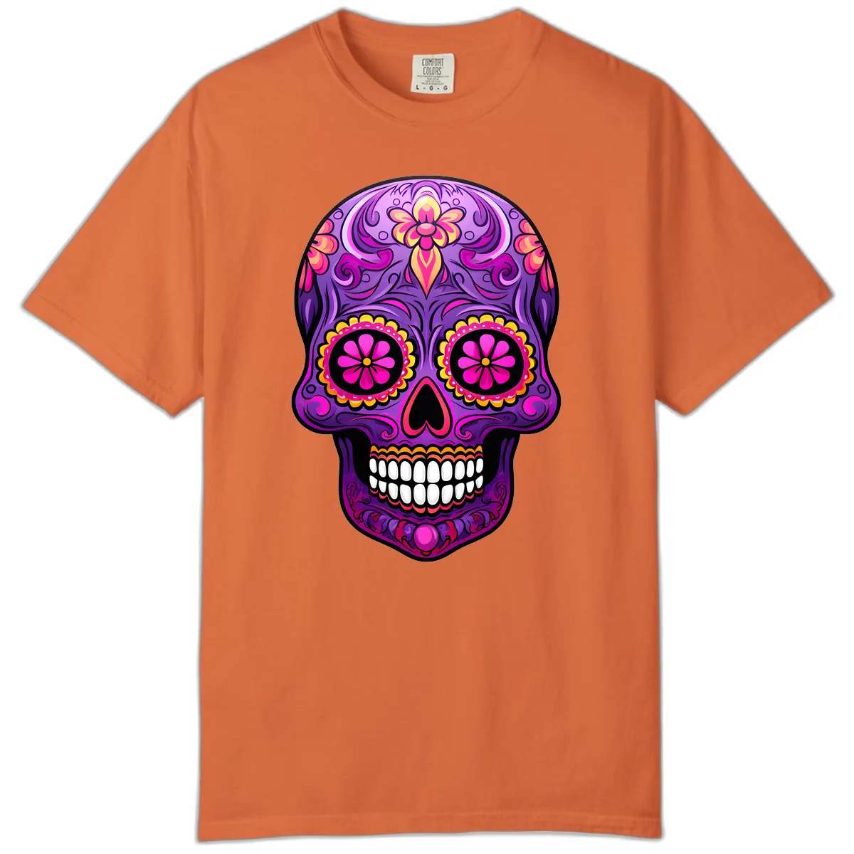 Vibrant Floral Swirls Calavera Sugar Skull Comfort Color in Burnt Orange