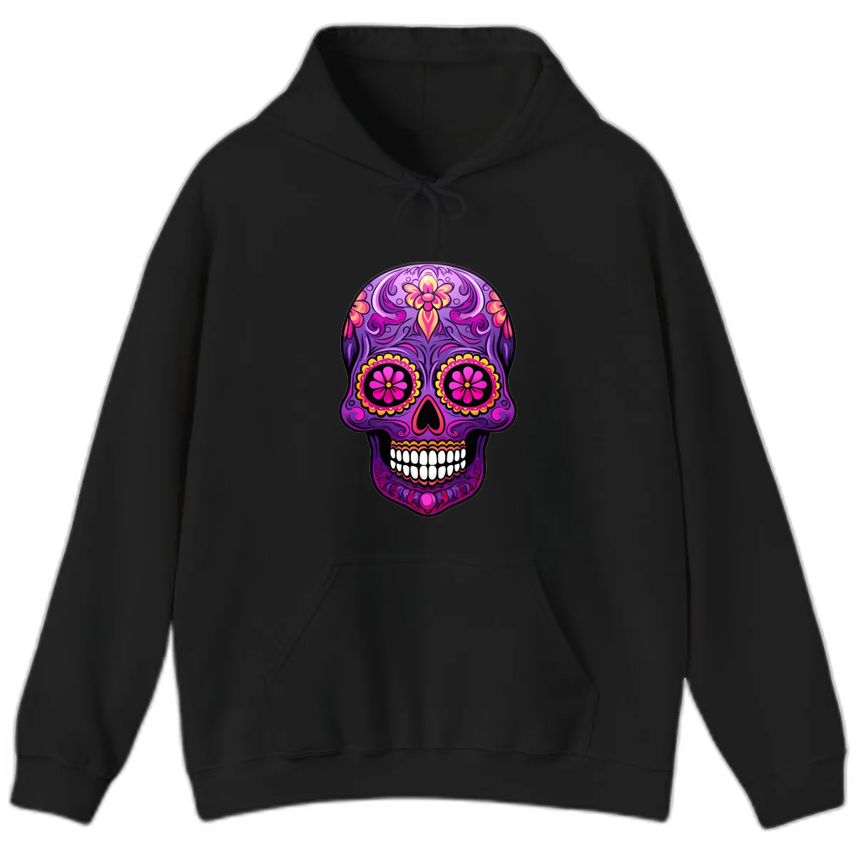 Vibrant Floral Swirls Calavera Sugar Skull Hoodie in Black