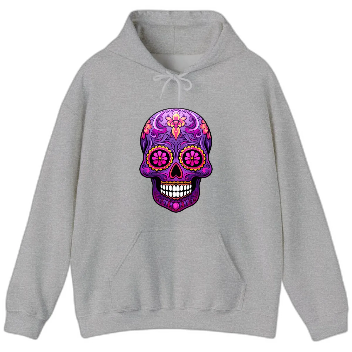 Vibrant Floral Swirls Calavera Sugar Skull Hoodie in Sport Grey