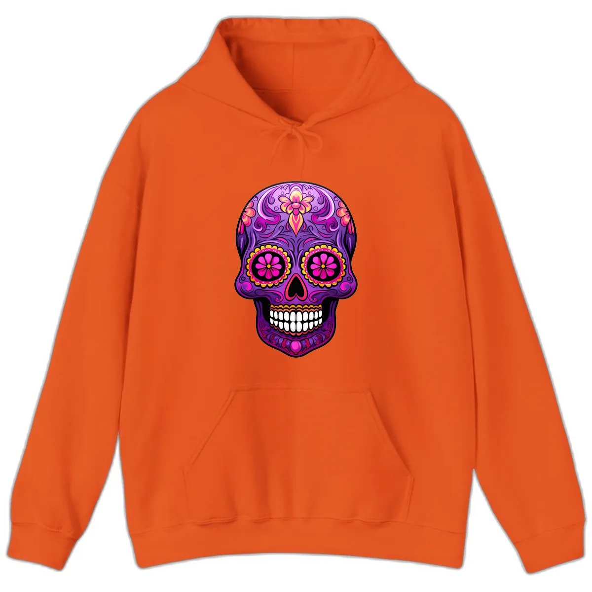 Vibrant Floral Swirls Calavera Sugar Skull Hoodie in Orange
