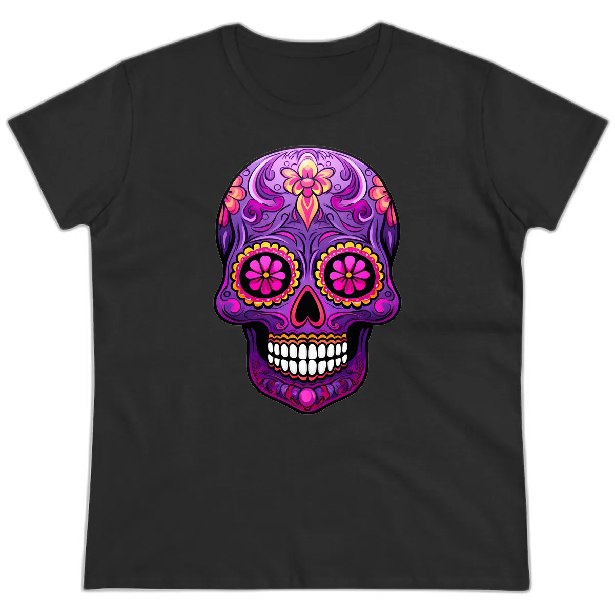 Vibrant Floral Swirls Calavera Sugar Skull Ladies Tee in Black