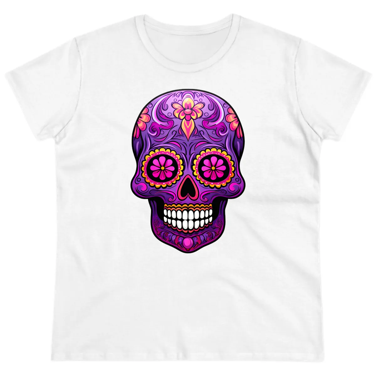 Vibrant Floral Swirls Calavera Sugar Skull Ladies Tee in White