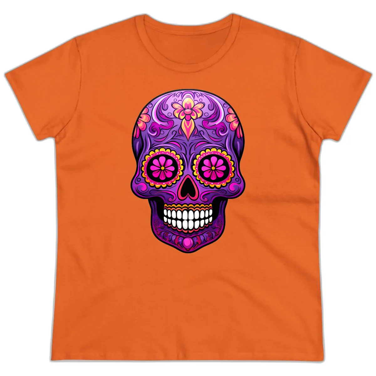 Vibrant Floral Swirls Calavera Sugar Skull Ladies Tee in Orange