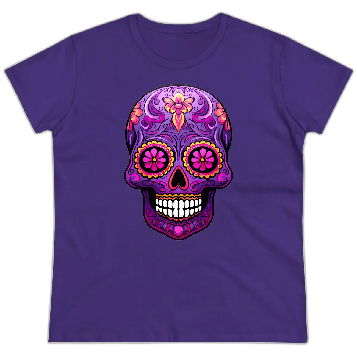 Vibrant Floral Swirls Calavera Sugar Skull Ladies Tee in Purple