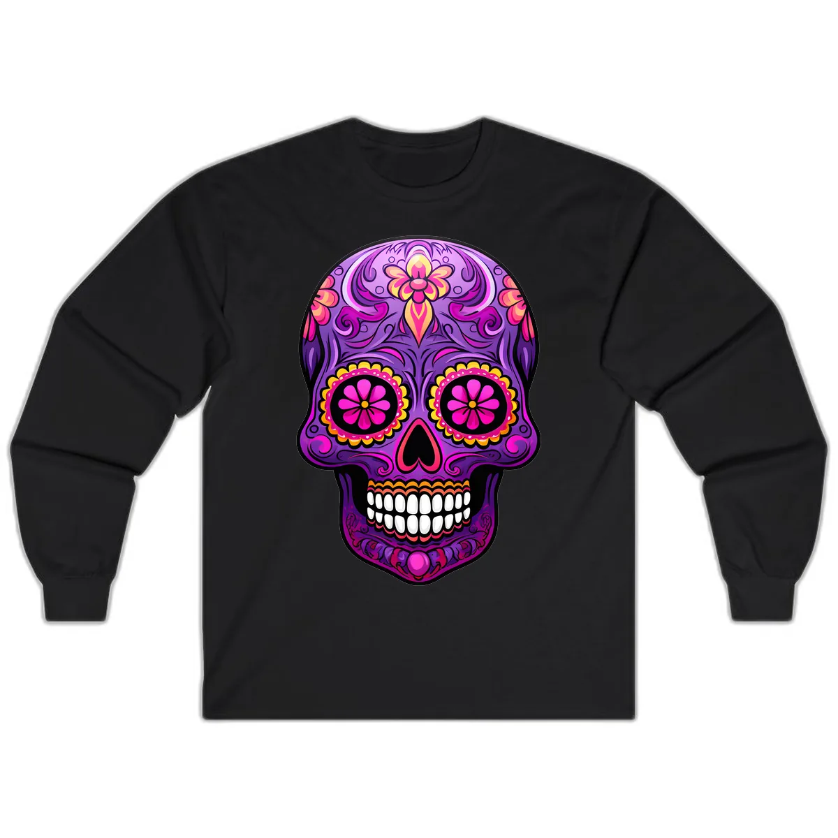 Vibrant Floral Swirls Calavera Sugar Skull Long Sleeve in Black
