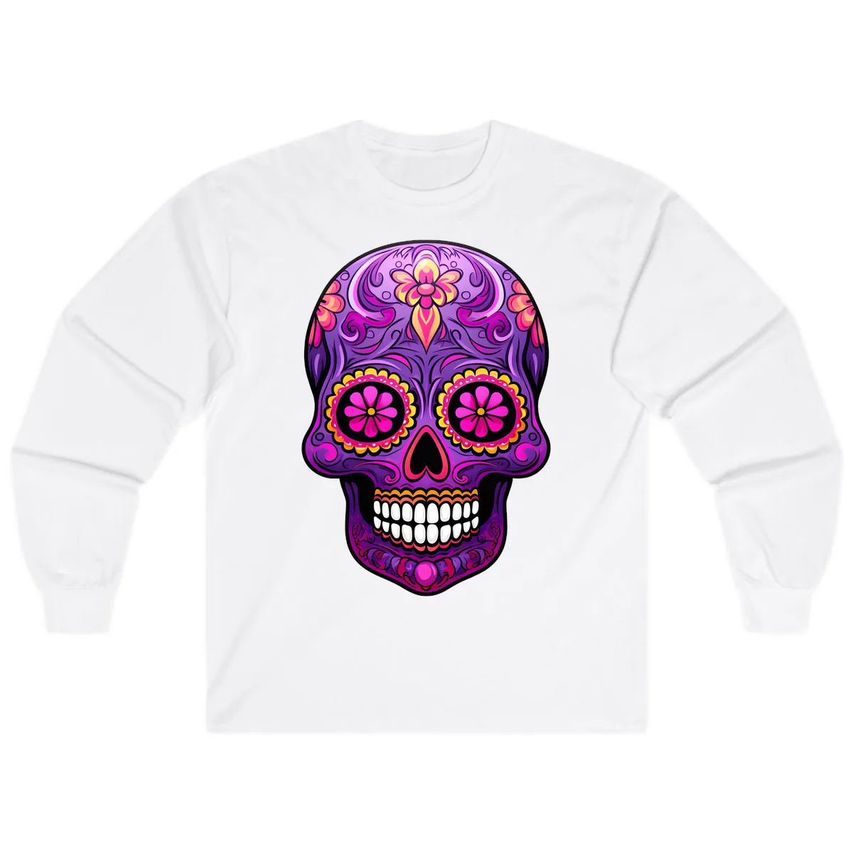 Vibrant Floral Swirls Calavera Sugar Skull Long Sleeve in White