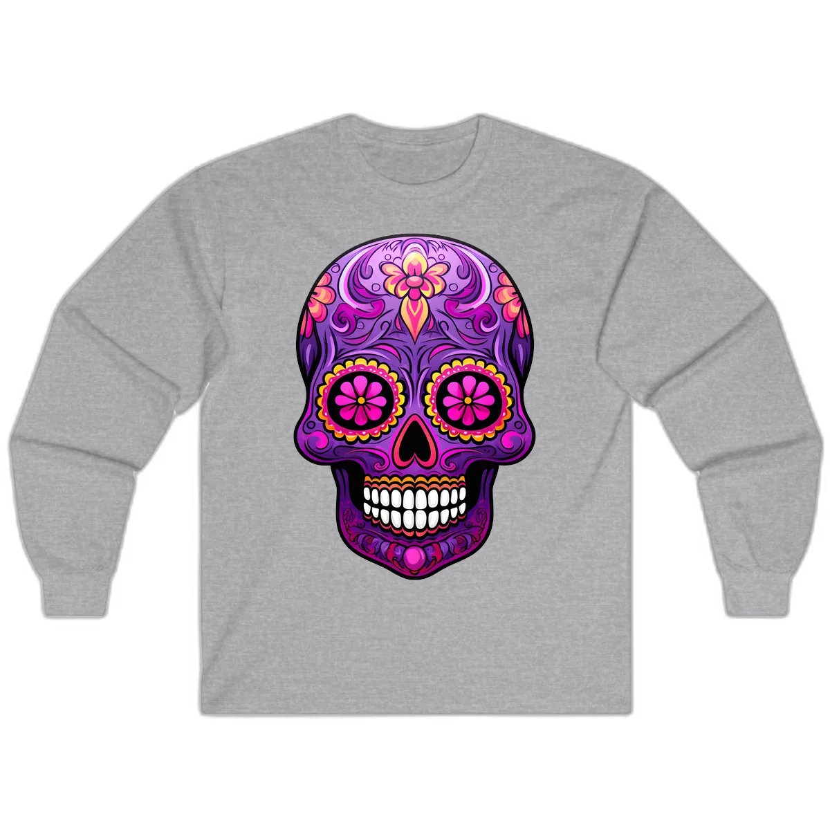Vibrant Floral Swirls Calavera Sugar Skull Long Sleeve in Sport Grey