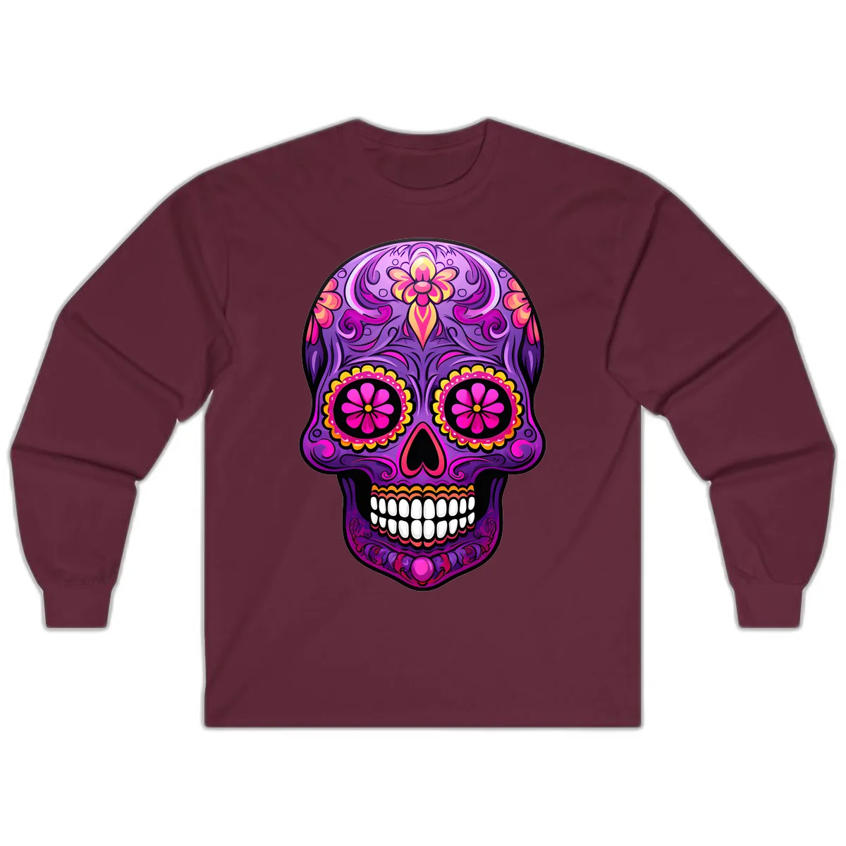 Vibrant Floral Swirls Calavera Sugar Skull Long Sleeve in Maroon
