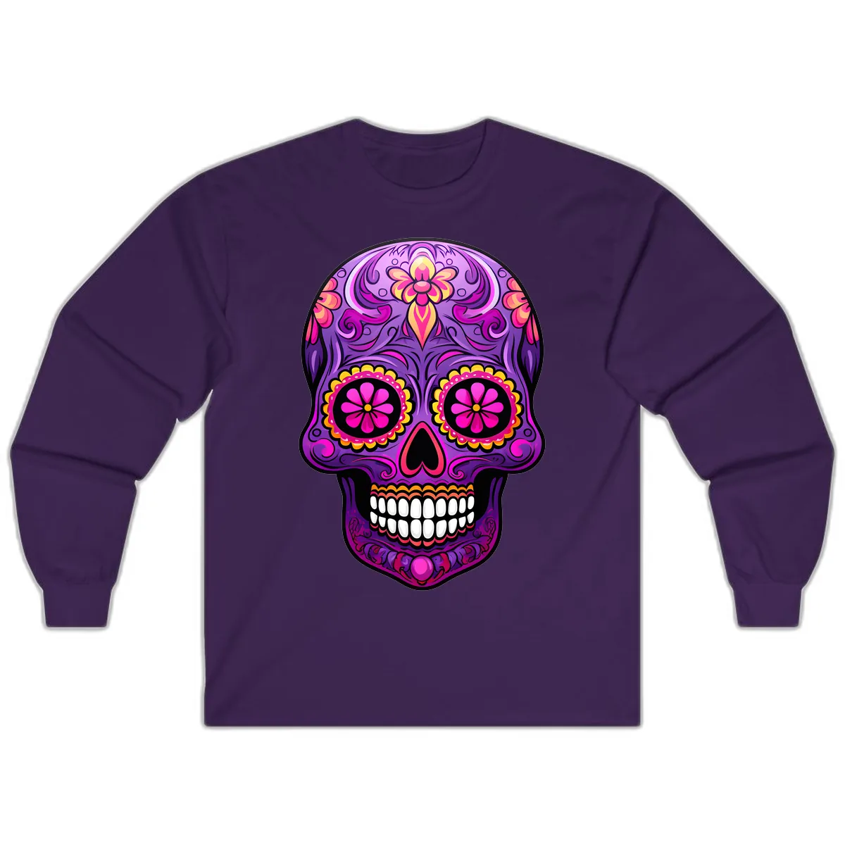 Vibrant Floral Swirls Calavera Sugar Skull Long Sleeve in Purple