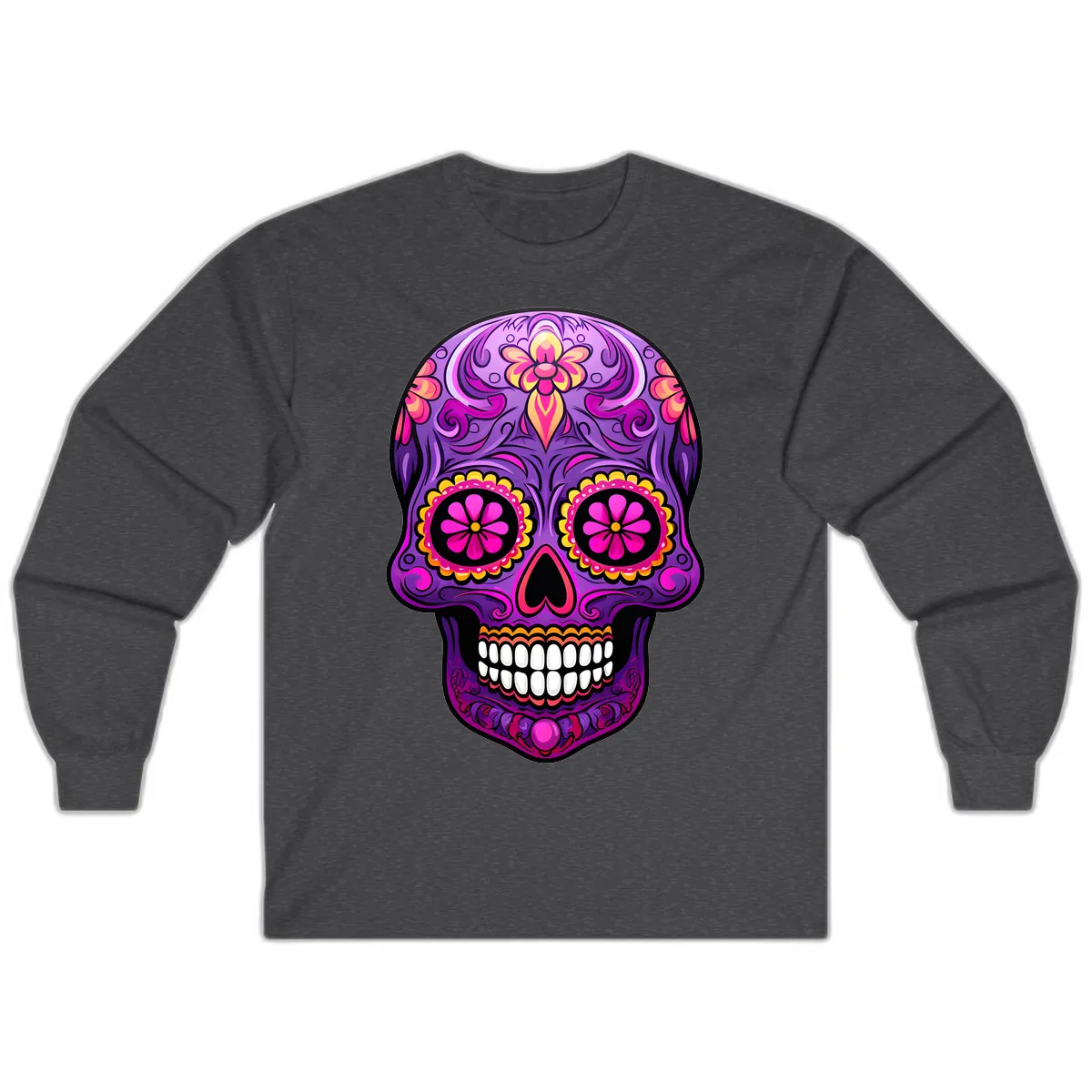 Vibrant Floral Swirls Calavera Sugar Skull Long Sleeve in Dark Heather