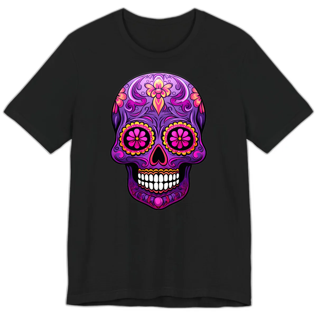Vibrant Floral Swirls Calavera Sugar Skull Premium T-Shirt in Black