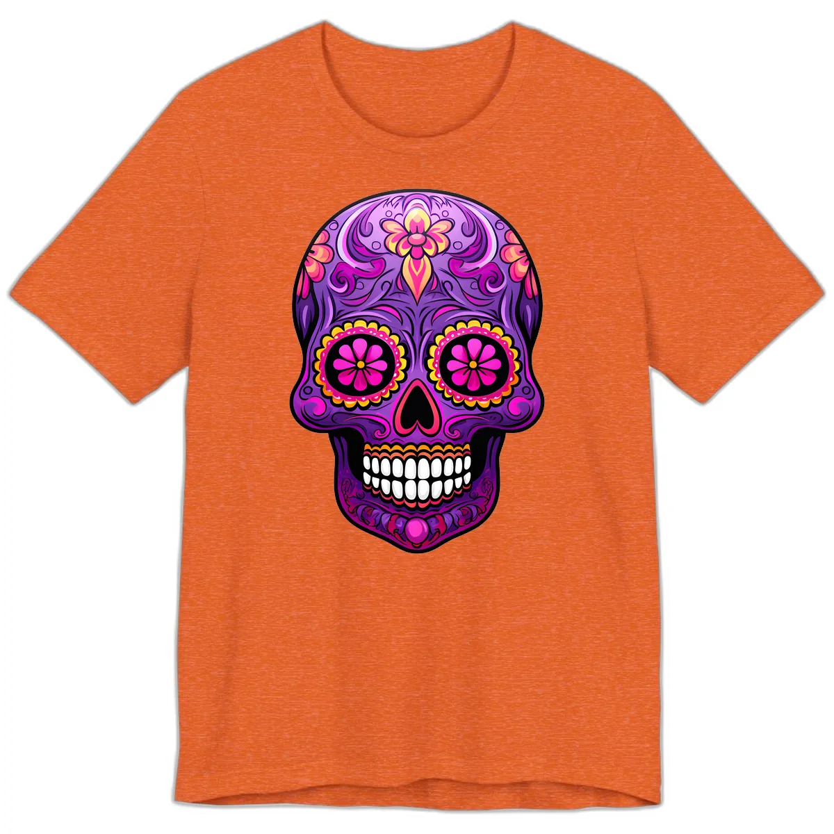 Vibrant Floral Swirls Calavera Sugar Skull Premium T-Shirt in Heather Orange