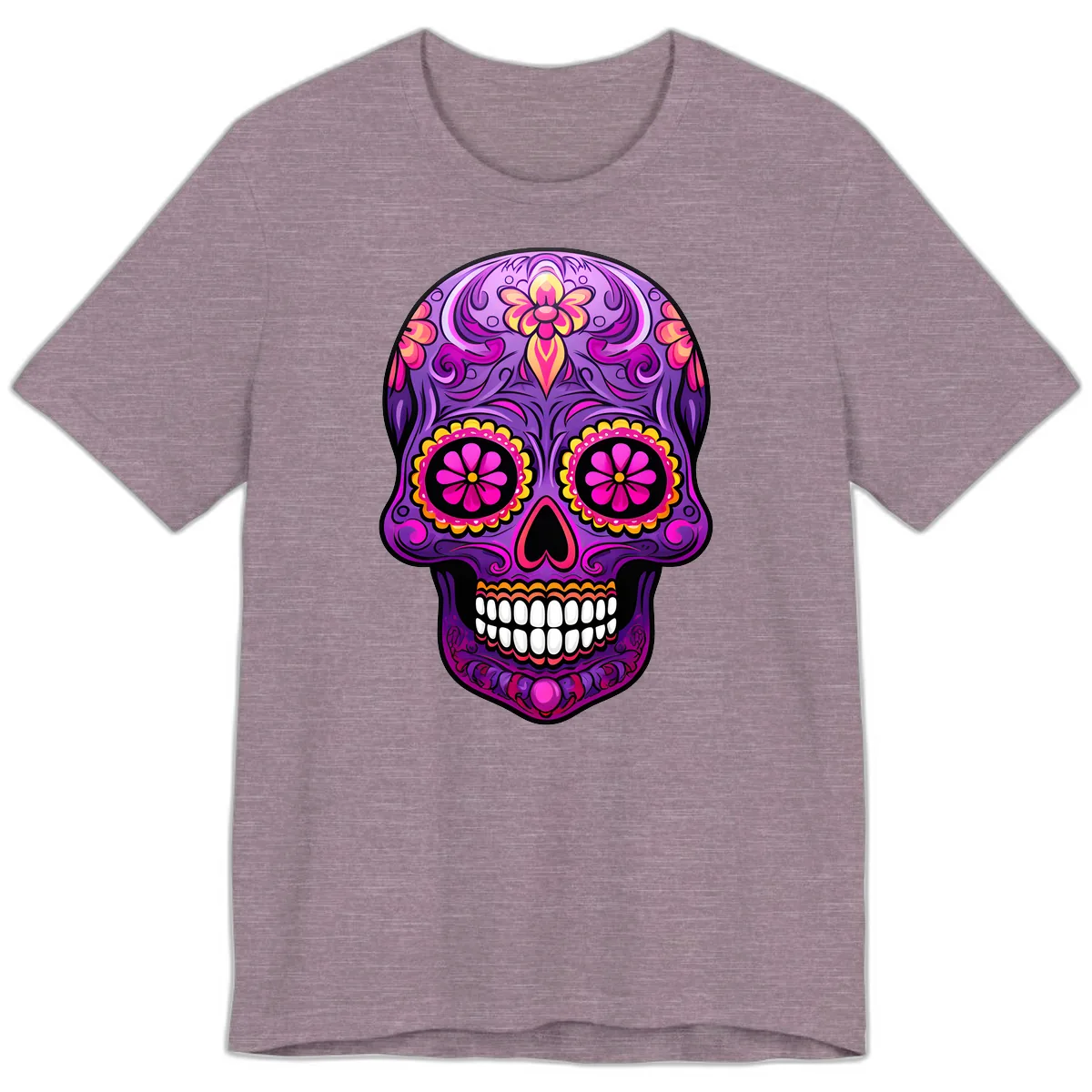 Vibrant Floral Swirls Calavera Sugar Skull Premium T-Shirt in Heather Purple