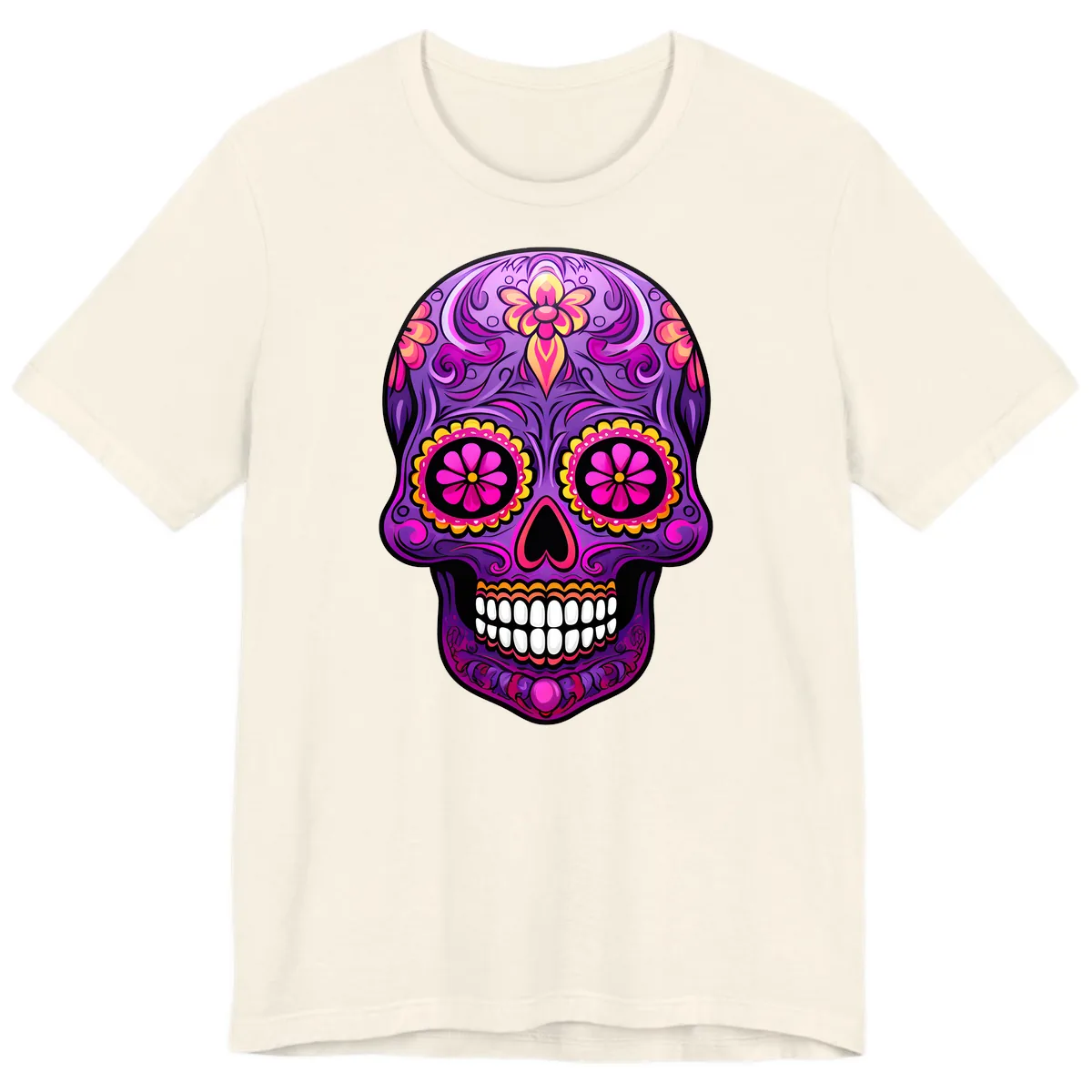 Vibrant Floral Swirls Calavera Sugar Skull Premium T-Shirt in Natural
