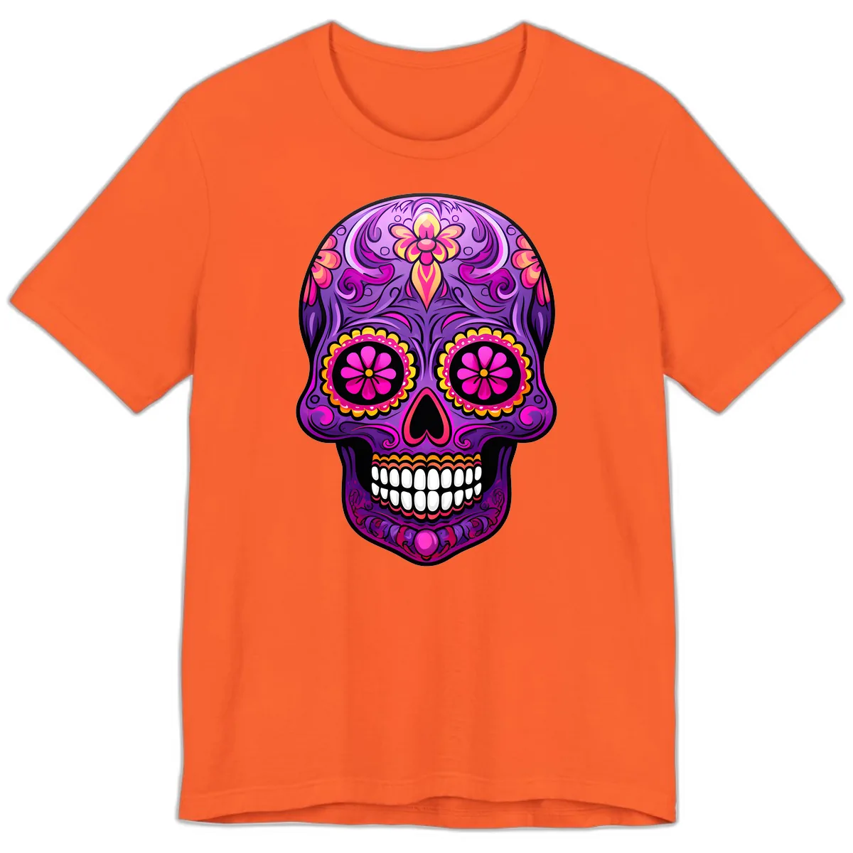 Vibrant Floral Swirls Calavera Sugar Skull Premium T-Shirt in Orange