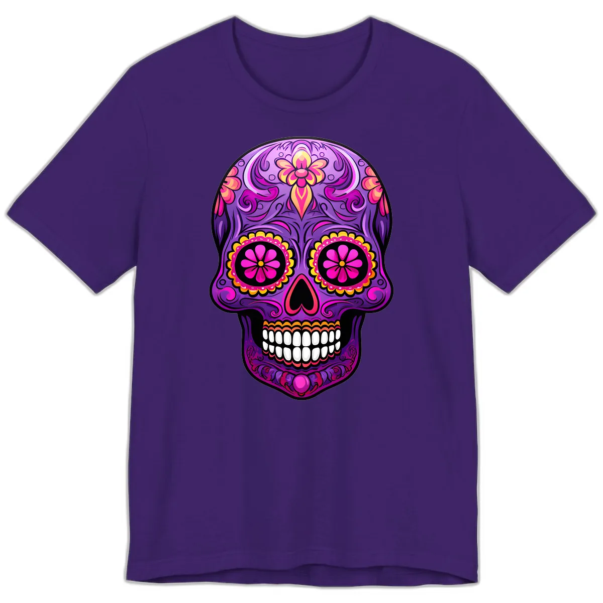 Vibrant Floral Swirls Calavera Sugar Skull Premium T-Shirt in Team Purple