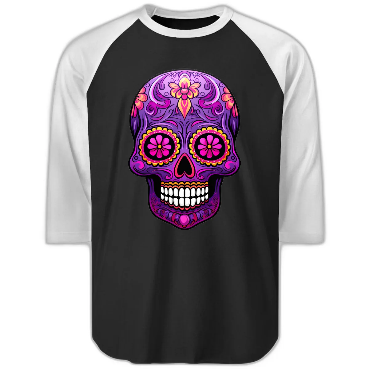 Vibrant Floral Swirls Calavera Sugar Skull Raglan 3/4 in Black White