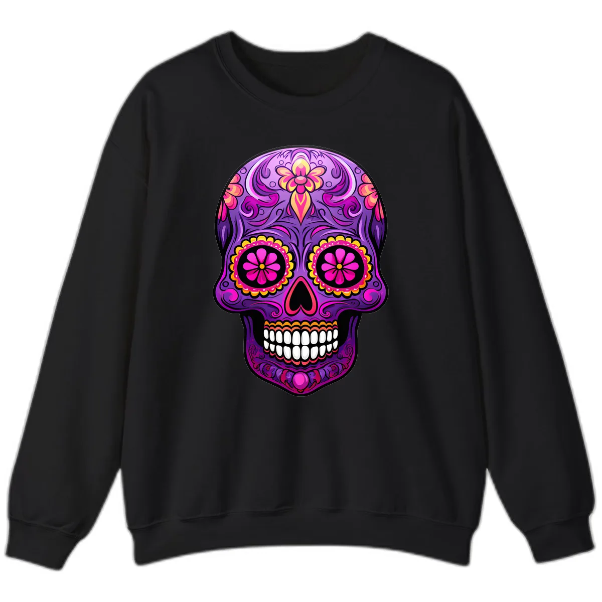 Vibrant Floral Swirls Calavera Sugar Skull Sweatshirt in Black