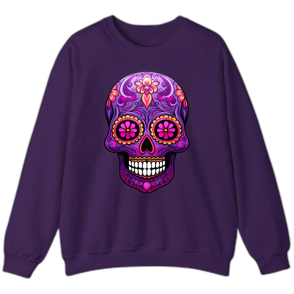 Vibrant Floral Swirls Calavera Sugar Skull Sweatshirt in Purple