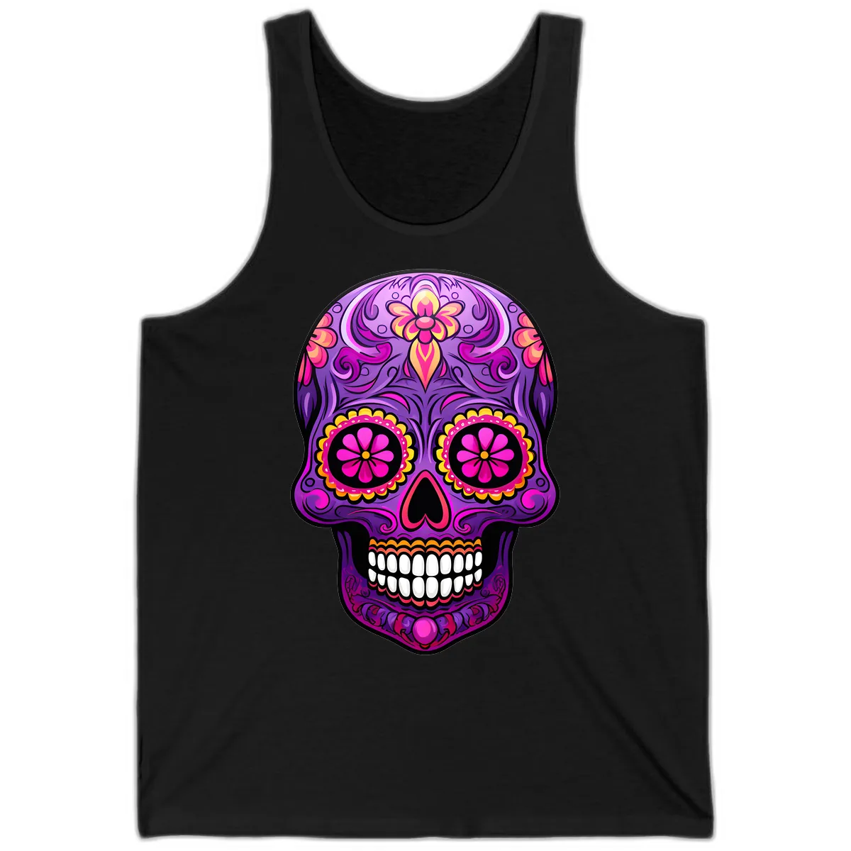 Vibrant Floral Swirls Calavera Sugar Skull Tank in Black