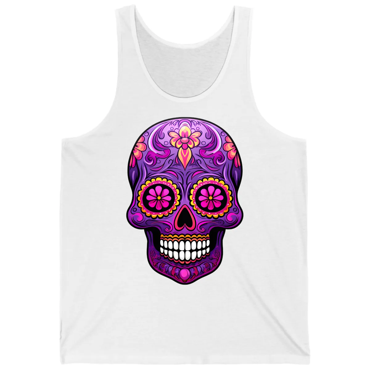 Vibrant Floral Swirls Calavera Sugar Skull Tank in White