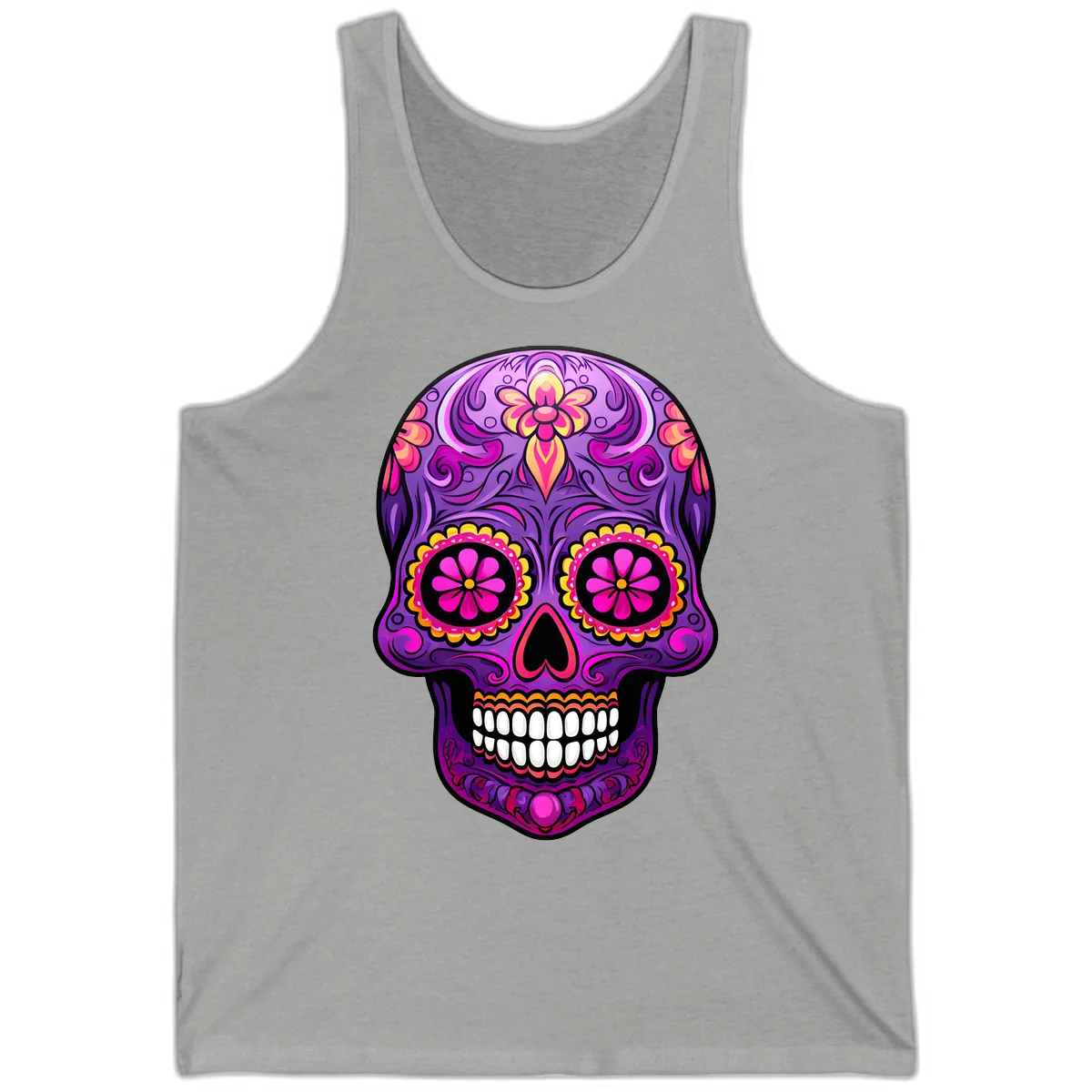 Vibrant Floral Swirls Calavera Sugar Skull Tank in Athletic Heather
