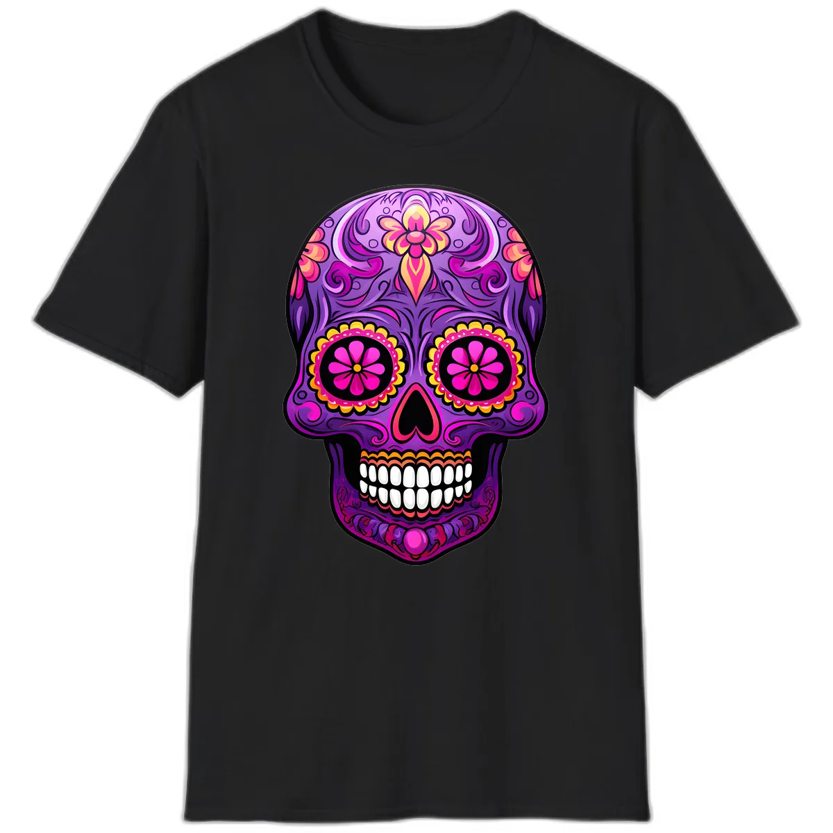 Vibrant Floral Swirls Calavera Sugar Skull T-Shirt in Black