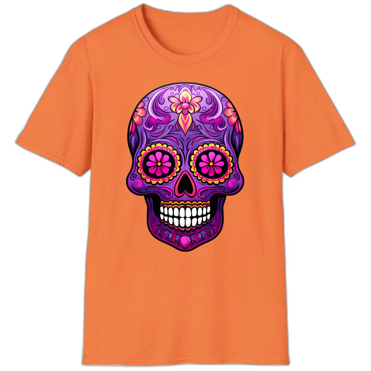 Vibrant Floral Swirls Calavera Sugar Skull T-Shirt in Heather Orange