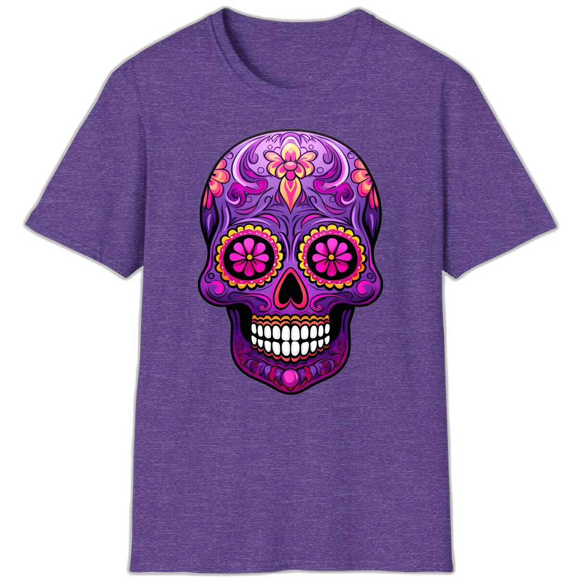Vibrant Floral Swirls Calavera Sugar Skull T-Shirt in Heather Purple