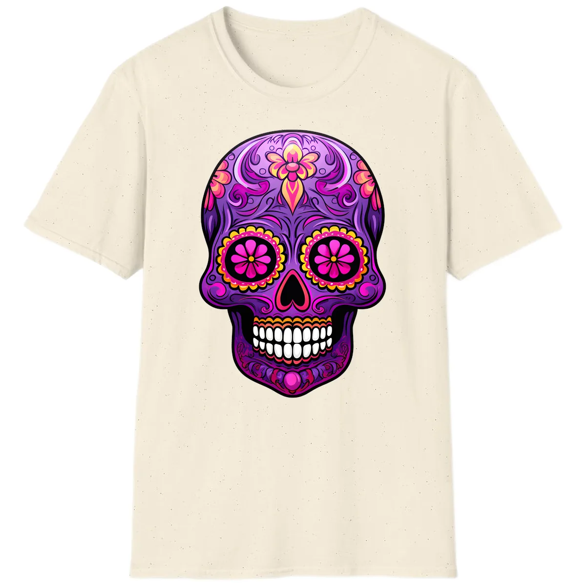 Vibrant Floral Swirls Calavera Sugar Skull T-Shirt in Natural