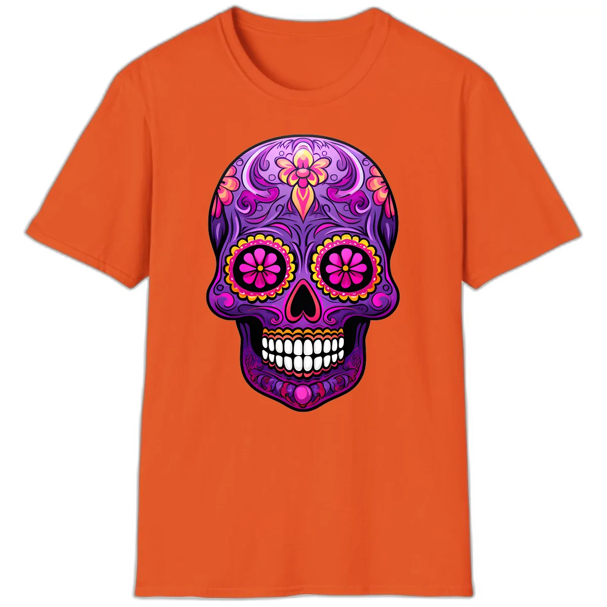 Vibrant Floral Swirls Calavera Sugar Skull T-Shirt in Orange